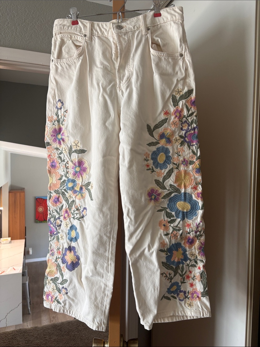 We The Free White Wide-Leg Jeans with Multicolor Floral Embroidery